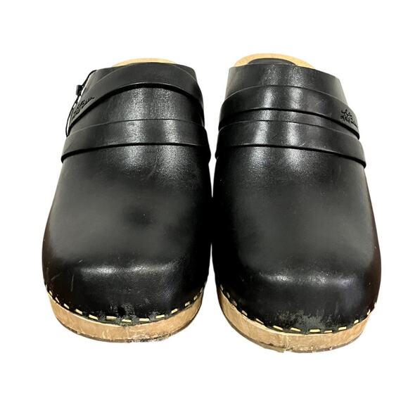 LL Bean Black Leather Wooden Mule Clogs - Picture 2 of 5